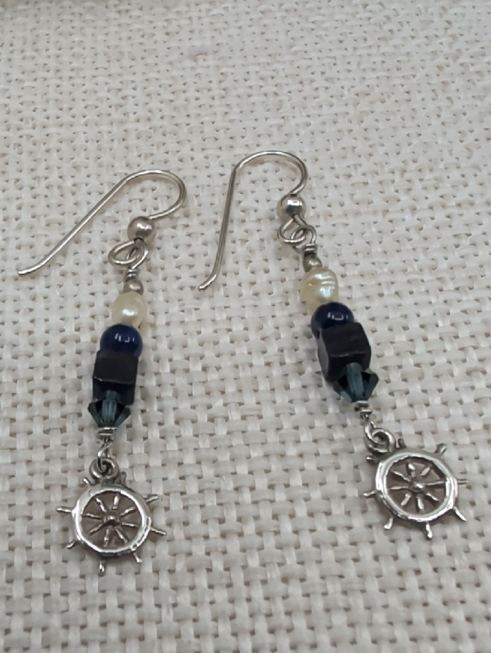 Sterling Silver Nautical Wheel Dangle Earrings with Navy and Pearl Beads - Picture 5 of 17